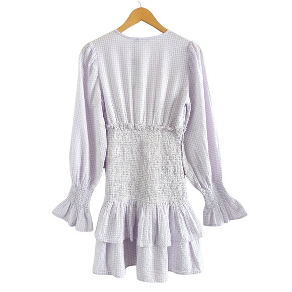 NASTY GAL Gingham Print Tiered Smocked Ruffle Hem Mini Dress in Lavender Size 2 - Picture 5 of 13
